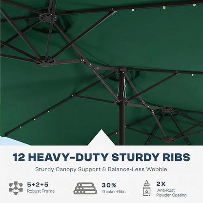 15FT Large Outdoor Patio Umbrella with Solar Lights and Base, Double-Sided Table Umbrellas with 48 LED Lights, Rectangle Market Umbrella for Pool, Deck, Backyard