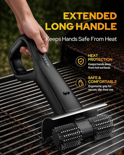 2026 Electric Grill Brush with 2 Brush Heads, 800RPM 25kgf High Torque BBQ Cleaner, 3500mAh Battery, 180 Mins Long Runtime, Extended Handle, Works as Grill Scraper for Tough Grease
