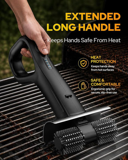 Cordless Electric Grill Brush, BBQ Grill Cleaner with 800RPM High-Speed Motor, 25kgf High Torque, 3500mAh Rechargeable Battery, 180-Min Runtime, 2 Replaceable Brush Heads, LED Light & Scraper