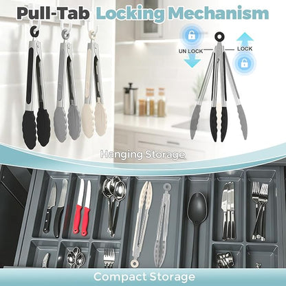 Small Cooking Tongs 7 inch Mini Serving Tongs with Silicone Tips, Set of 3 (Black + Grey + White)