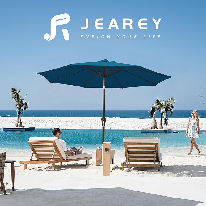 JEAREY 10FT Outdoor Patio Umbrella Outdoor Table Umbrella with Push Button Tilt and Crank, Market Umbrella 8 Sturdy Ribs UV Protection Waterproof for Pool, Garden (Lake Blue)