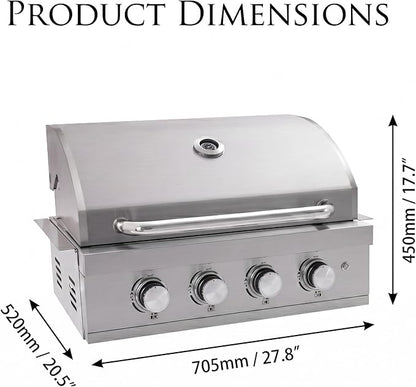 27 In Built-in Outdoor Gas and Charcoal Dual-Fuel BBQ Grill, 4-BurnerStainless Steel Drop-in Grill, 304 Brushed Stainless Steel, Heavy Duty Outdoor Kitchen Island Grill