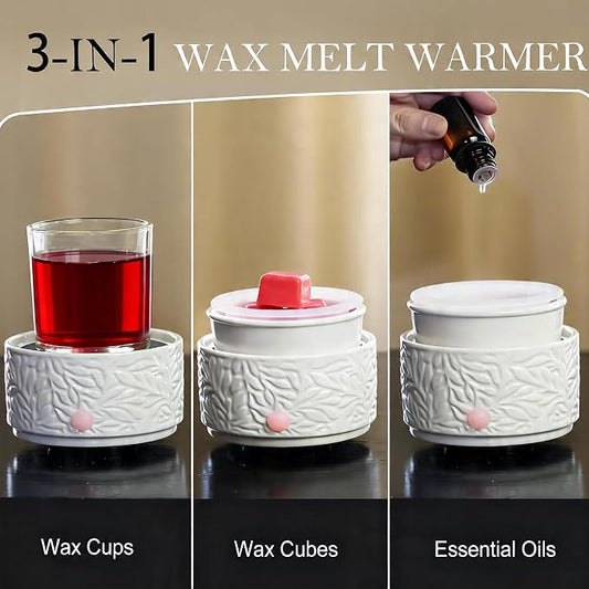 Electric Wax Melt Warmer with Silicone Liner, 3-in-1 Ceramic Scented Wax Burner for Home Aromatherapy, Fast Melting Fragrance Warmer for Essential Oils & Jar Candles, Flame for Women