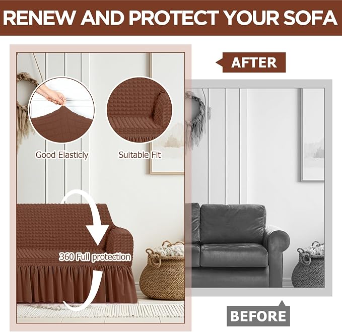 Fanfanwin 3 Pcs Sofa Slipcover Set for Couch Cushion Durable Washable High Elastic Stretchable Furniture Couch Covers with Skirt for Sofa Loveseat Arm Chair(Brown,Seersucker)