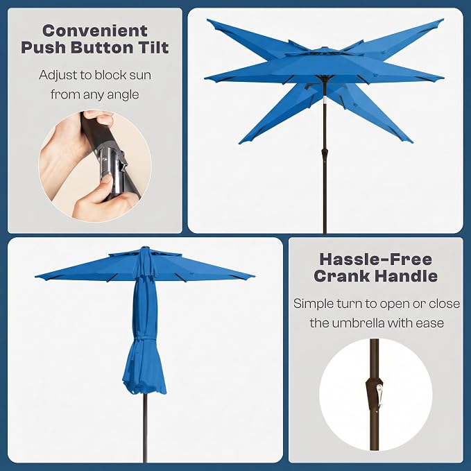 10FT Outdoor Patio Umbrella, 2 Tiers Market Table Umbrella with 8 Sturdy Ribs, Push Button Tilt and Crank, UPF50+ UV Protection for Deck, Pool, Garden and Backyard