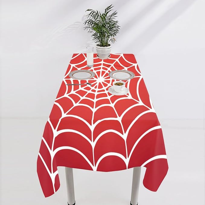 Spider Web Hero Tablecloth, White Spiderweb Red Cobweb Water Resistant Wipeable Table Cover for Picnic Party Holiday Kitchen Dinner Table 55"x55"