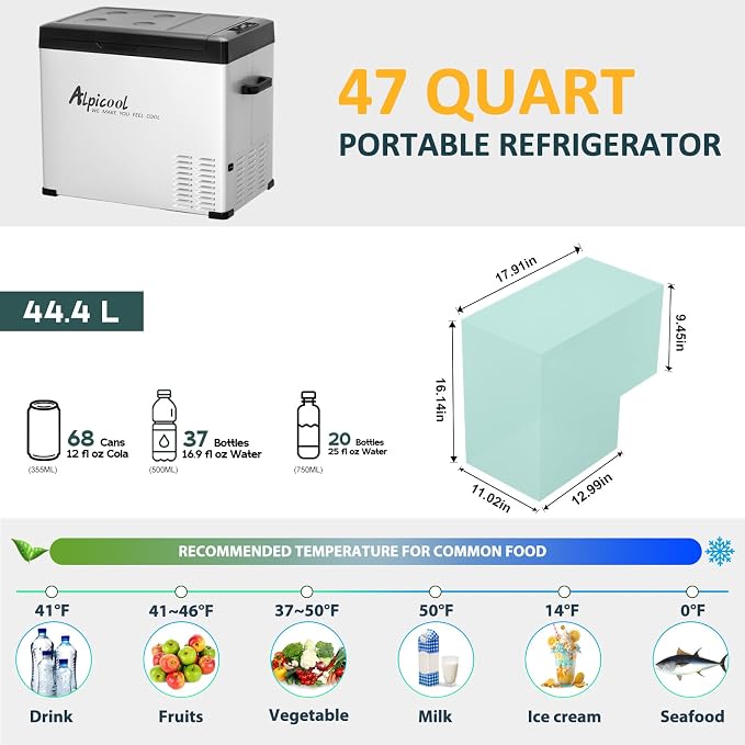 Alpicool C50 Portable Car Freezer, 12 Volt Refrigerator, 47 Quart Fast Cooling 12V Car Fridge, Car Cooler for RV, Truck, Camping, Outdoor -12/24V DC and 100-240V AC