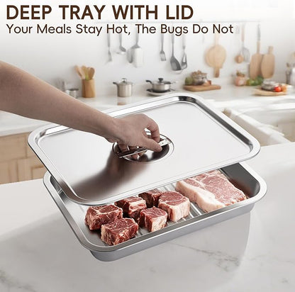 GOLDEN KEY Grilling Prep and Serve Tays,Stainless Steel Grill Carry System,Heat Resistant & Stackable,Grill Prep Trays Set of 5,Marinade Container with Lid and Cutting Board,Grilling Gifts for Men