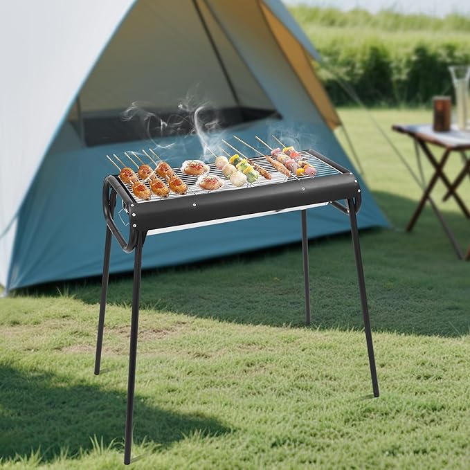 Portable BBQ Griddle with Pull-Out Charcoal Slot, Outdoor Stainless Steel Charcoal Grill, Detachable BBQ Grill Set with Storage Bag, for Family Camping Picnic, 3-8 Persons