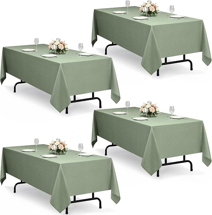 Decorelia Sage Green Washable Table Cloths for 6 Ft Rectangle Tables-4 Pack, Washable Polyester Faux Linen Rectangular Table Cloth Cover for Wedding,Outdoor,Events, Party,Banquet,Dining, 60x102 Inch