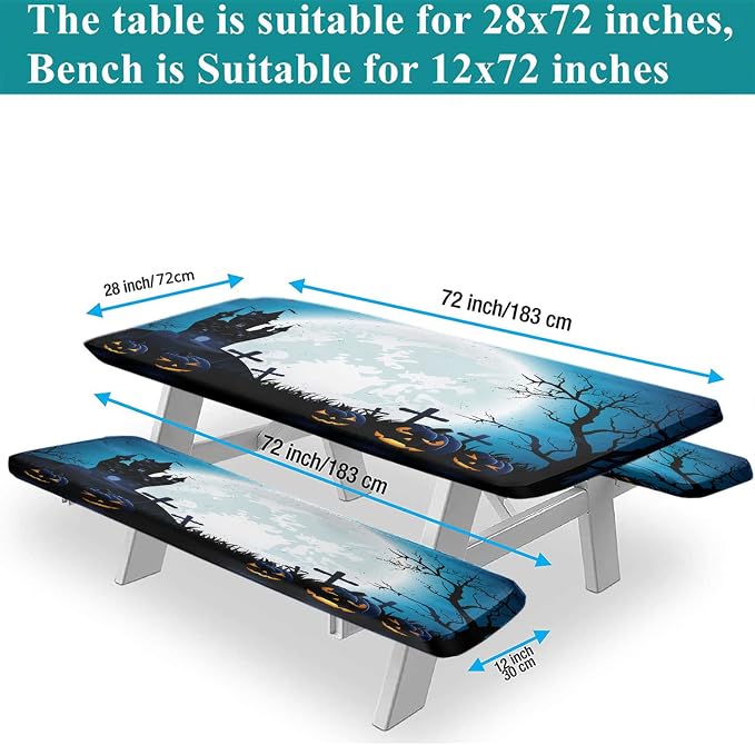 Halloween Picnic Table Fitted Tablecloth Cover, Moon Light Castle Ghost Camping Tablecloth Cover with Elastic Edge for Indoor/Outdoor/Patio, 3Pcs Set, Blue, 72x28 in