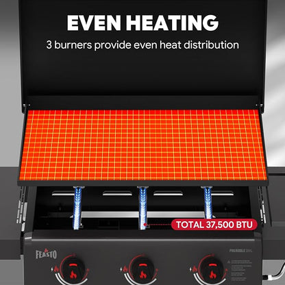 Feasto 28-Inch 3 Burner Propane Flat Top Grill with Hood and Side Burner | 550 Sq. In. Outdoor Griddle with Protective Hood, 37,500 BTU Main Burners, 13,000 BTU Lidded Side Burner, Folding Side Table