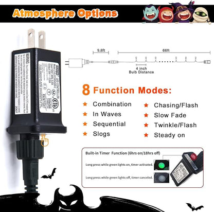 JMEXSUSS 200 LED Orange Halloween Lights Outdoor, 66ft String Light Plug in | Connectable, 8 Modes, Outdoor Indoor Use, Halloween Lights for Tree Bedroom Porch Garden Fence Patio Fall Halloween Decor