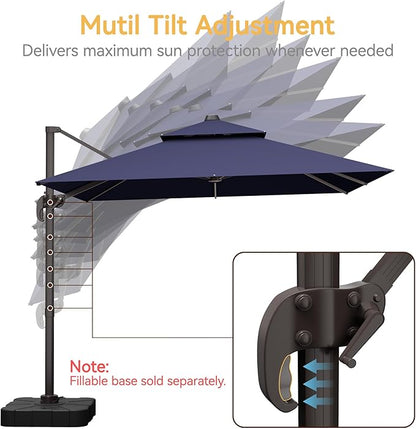 10x10 FT Patio Umbrella, Large Cantilever Double Top Heavy Duty Offset Umbrellas with 360° Rotation, Outdoor shade for Garden Deck Pool, Navy