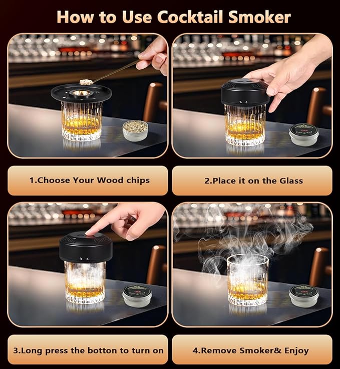 Electric Whiskey Smoker Kit with LED Light Show & Battery Gauge - 7 Dynamic Light Modes, 6 Wood Chips, USB-C Rechargeable