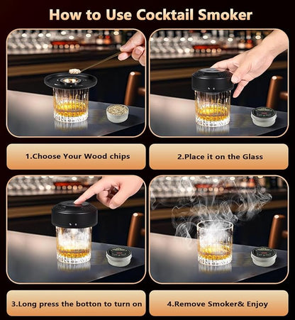 Electric Whiskey Smoker Kit with LED Light Show & Battery Gauge - 7 Dynamic Light Modes, 6 Wood Chips, USB-C Rechargeable