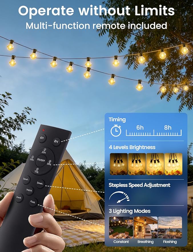 Brightever 50FT Solar String Lights Outdoor with Remote, 18+1 LED Shatterproof G40 Bulbs, 3 Lighting Modes & Timable, Waterproof Dimmable Solar Power Patio Lights for Camping, Backyard, Party