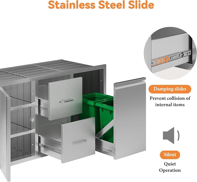 Jocisland 41.5" W×20" D×23" H Stainless Steel Outdoor Kitchen Drawers, Double Drawers with Trash Drawer & Door, 3-Tier Cabinet, Built-in BBQ Island Storage for Outdoor Kitchens