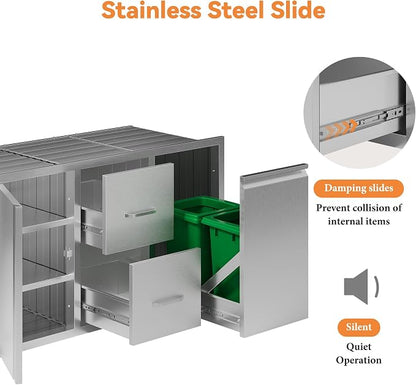 Jocisland 41.5" W×20" D×23" H Stainless Steel Outdoor Kitchen Drawers, Double Drawers with Trash Drawer & Door, 3-Tier Cabinet, Built-in BBQ Island Storage for Outdoor Kitchens