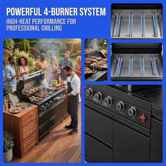 65 Inch Outdoor Kitchen Island, 4-Burner 72,000 BTU Propane Stainless Steel BBQ, Includes Round Side Burner,Marble Countertops, Ideal for Backyard BBQ