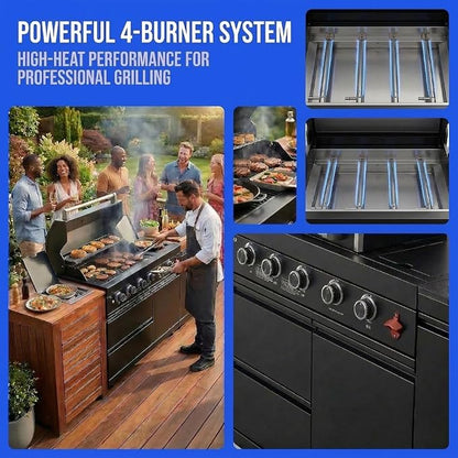 65 Inch Outdoor Kitchen Island, 4-Burner 72,000 BTU Propane Stainless Steel BBQ, Includes Round Side Burner,Marble Countertops, Ideal for Backyard BBQ