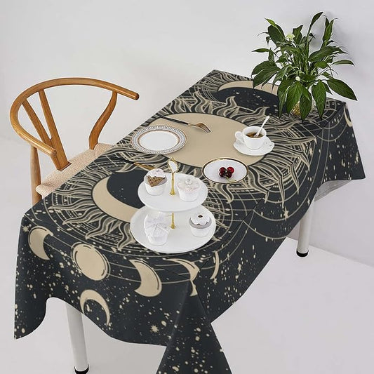 Vintage Tarot Tablecloth Boho Mystical Astrologer Zodiac Full Moon Phases Star Galaxy Space Table Cloth Water Resistant Wipeable Table Cover for Picnic Party Holiday Kitchen Dinner Table 55"x55"