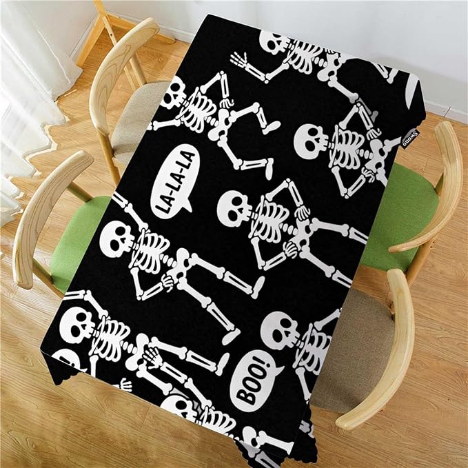 Swono Skeletons Tablecloth Funny Halloween Skulls Different Poses Decorative Table Cover for Kitchen, Party Banquet and Holiday Tablecloth, 52x70 Inch(4-6 Seats), Black