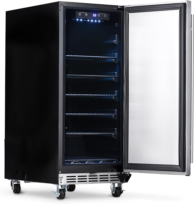NewAir 15” Outdoor Beverage Fridge | Freestanding or Built-In Under counter Refrigerator for Outside Patio | Weatherproof Outdoor Fridge for 90 Cans with Detachable Castors | Stainless Steel