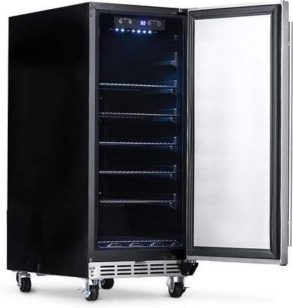 NewAir 15” Outdoor Beverage Fridge | Freestanding or Built-In Under counter Refrigerator for Outside Patio | Weatherproof Outdoor Fridge for 90 Cans with Detachable Castors | Stainless Steel