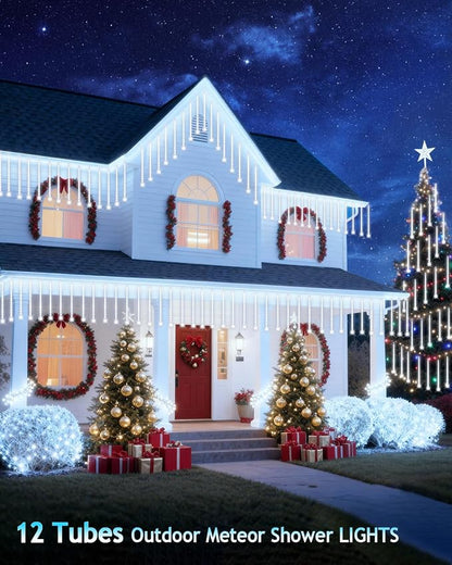 PEMOTech Christmas Lights Outdoor,12-Tube Meteor Shower Lights Outdoor | White Waterproof Icicle Lights, 34.1 FT, 11.8-Inch Tubes, 16.4 FT Cable, Luces Navideñas para Exteriores, Tree & Garden Decor