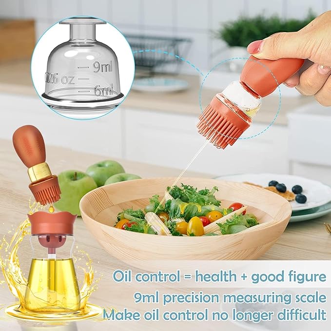 Oil Dispenser Bottle with Silicone Brush, 200ML 2 in 1 Silicone Dropper Measuring Oil Dispenser Bottle for Kitchen Cooking, Frying, Baking, BBQ Pancake, Air Fryer, Marinating - Orange