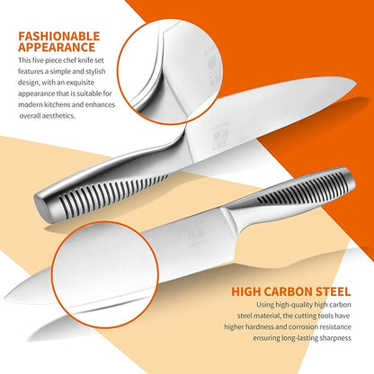 5-Piece Professional Chef Knife Set - Ultra-Sharp Kitchen Knives with Ergonomic steel handle, Ideal for Home, Outdoor, Camping, BBQ, and Gifts for Men