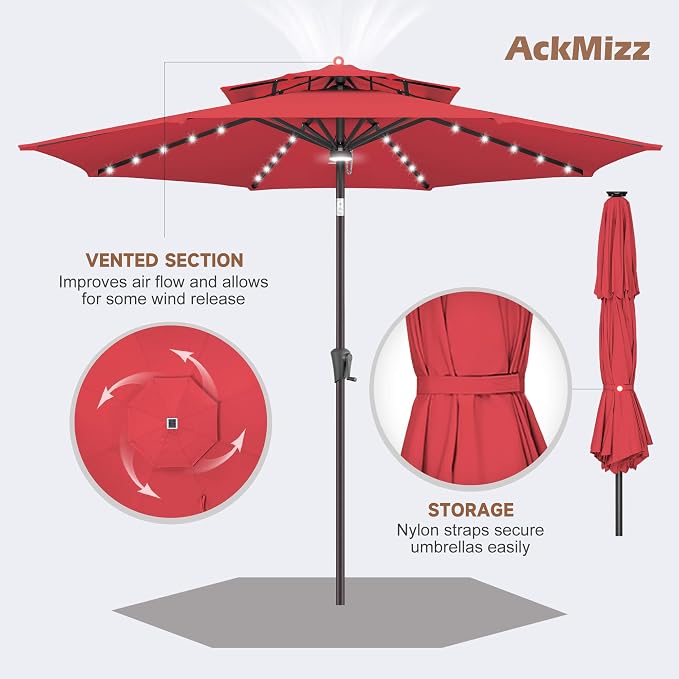 Solar Patio Umbrella Outdoor with Centre Light, 9 ft Red | 2 Tiers, 40 LED Lights, UV Protection, Solar Outdoor Umbrella for Porch, Deck, Pool, Garden, Provides Evening Lighting