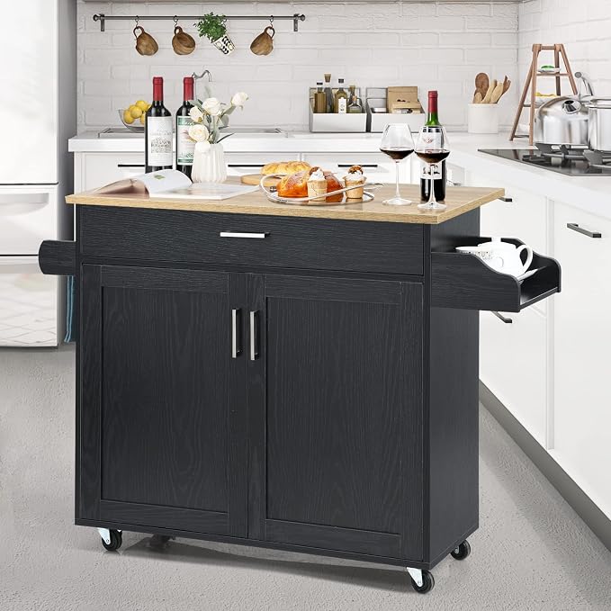 COSTWAY Kitchen Island On Wheels, Rolling Storage Trolley Cart | with Large Cabinet, Drawer, Spice Rack and Towel Rack, Kitchen Serving Utility, 3-Position Adjustable Shelf (Black)