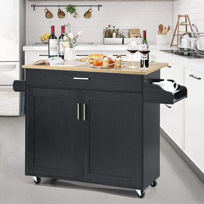 COSTWAY Kitchen Island On Wheels, Rolling Storage Trolley Cart | with Large Cabinet, Drawer, Spice Rack and Towel Rack, Kitchen Serving Utility, 3-Position Adjustable Shelf (Black)