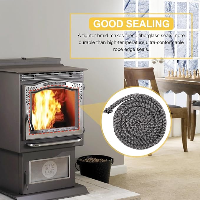 1-00-37525 Woodstoves Door Gasket for Harman Oakwood & Oakleaf Woodstoves, Harman Accentra FS Pellet Stove, 1/2'' x 5FT High Temperature Graphite Impregnated Fiberglass Seal Rope Replacement.