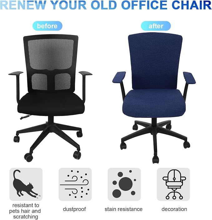 Tallew 4 Pcs Office Chair Covers Stretchable Armrest Seat,XL,Navy | Universal Fit Office Desk Chairs, Protective Seat Backrest Slipcovers, Stretchable Prevent Wear, Easy Install for Rotating