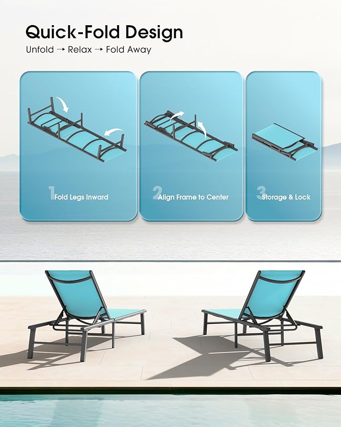 Ciokea Foldable Outdoor Lounge Chair, No Assembly Patio Chaise Lounge Outdoor with 5-Positions, Aluminum Pool Lounge Chair with Portable Design for Pool, Beach, Deck, Backyard, Lake Blue