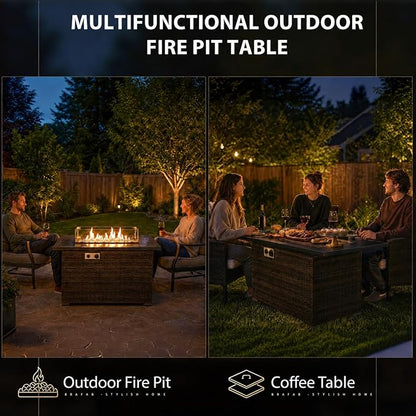 44" Propane Fire Pit Table, 50,000 BTU Outdoor Wicker Gas Fire Table with Glass Wind Guard, Tempered Glass Top, Auto Ignition, Lid & Protective Cover, ETL Certified Patio Firepit Table, Brown