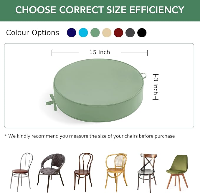 Summsun Outdoor Bistro Chair Cushions Set of 4, 15" D x 3" H Round Chair Cushions Waterproof and Fade Resistant Chair Cushion Pads with Non-Slip Ties and Removable Covers for Garden, Sage Green