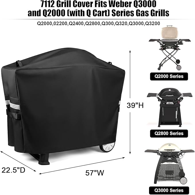 QuliMetal 7112 Grill Cover for Weber Q2000, Q2200, Q2400, Q2000N+, Q2800N+, Q300, Q320, Q3000, Q3200 Gas Grills, Heavy Duty BBQ Gas Grill Cover, 600D