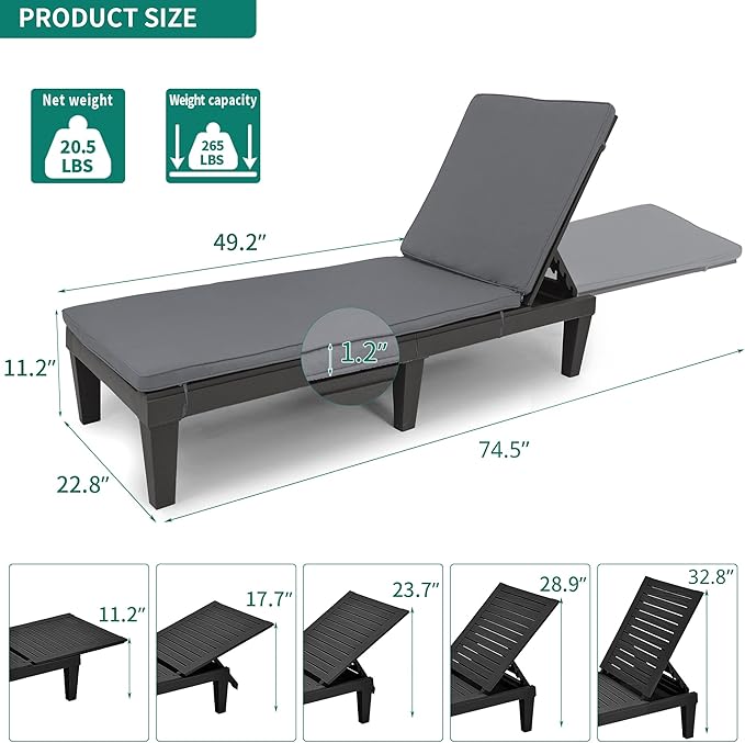 YITAHOME Chaise Lounge Chairs for Outside with Cushion & Adjustable Backrest, Sturdy Loungers for Patio Poolside, Easy Assembly & Waterproof & Lightweight with 265lbs Weight Capacity, Set of 2, Black