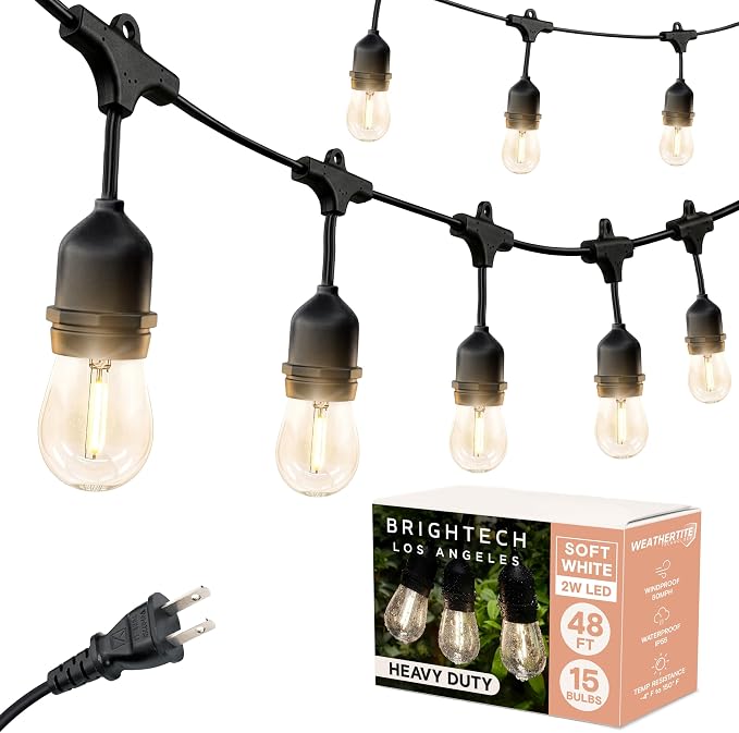 Brightech Ambience Pro LED Outdoor String Lights - Commercial Grade Waterproof Patio Lights with 48 Ft Dimmable Edison Bulbs, Porch String Lights for Patio, Backyard - 15 Bulbs 2W Soft White