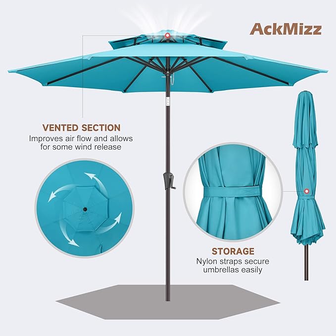9FT Outdoor Patio Umbrella - 2 Tiers Table Umbrella Waterproof UV Protection, Sombrillas de Patio with Push Button Tilt, Sun Umbrella for Pool, Porch, Garden, Yard (Aqua Blue)