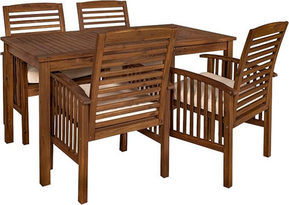 Walker Edison Rendezvous Modern 5 Piece Solid Acacia Wood Outdoor Dining Set, Set of 5, Dark Brown