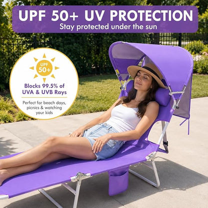 Backpack Beach Tanning Lounge Chair with Canopy Shade Face Hole Padded Adjustable Washable, 6 Position Layout Chair for Outside Sunbathing Poolside Lawn, UPF 50+ Wind-Resistant Sun Shade, 2Pack