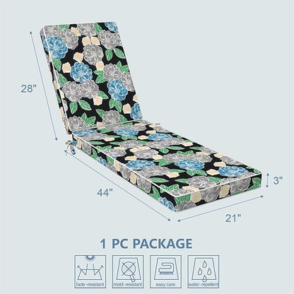 LVTXIII Outdoor Chaise Lounge Cushion 72x21x3 Inch, Water-Repellent Patio Seat Cushion with Ties & Hidden Zipper, Thick Foam Pad for Lawn Chair, Poolside, Patio Furniture, Sketch Peony