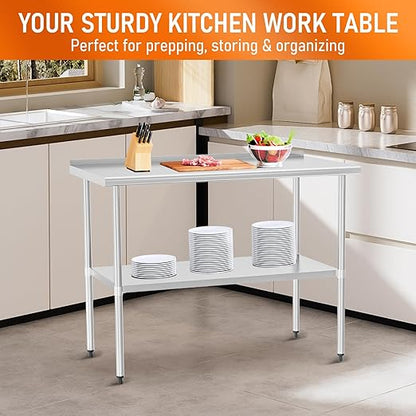 HOCCOT Stainless Steel Table 30" x 48" with Adjustable Undershelf and Backsplash, Commercial Metal Workstations for Kitchen, Garage, Outdoor BBQ