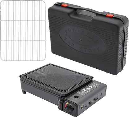 Portable Butane Stove Compact Gas-Grill Stove with Grilling Net & Storage Case, 0.25-0.3MPa Tabletop BBQ for Camping, Outdoor Cooker, Home