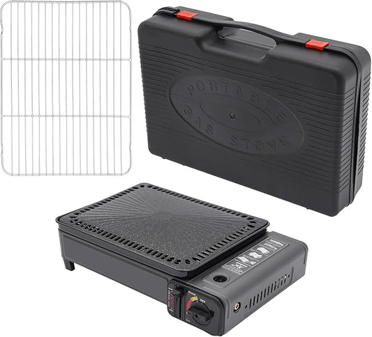 Portable Butane Stove Compact Gas-Grill Stove with Grilling Net & Storage Case, 0.25-0.3MPa Tabletop BBQ for Camping, Outdoor Cooker, Home